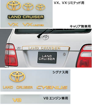 Gold emblem (the Toyota symbol [for front for rear]/[car name logograph (for rear)]/[VX]/[VXLIMTED]/[V8])